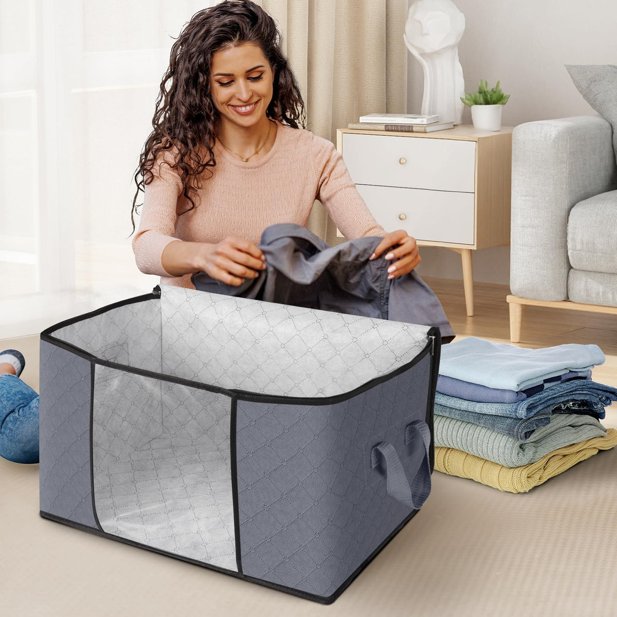 Fab totes 6 Pack Storage Bags for Clothes Blanket Storage Bins with Lids | Foldable Closet Organizers with Zippers,Window and Handles,Fabric Storage Bins for Sweater,Comforter,Bedding,Dorm essentials