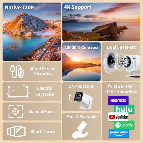 Mini Projector with 4K Support, Portable Short Throw Proyector | Electric Focus&Keystone, 270° Rotatable Stand, Compatible with TV Stick, Phone & Laptop, Holiday Gift Idea