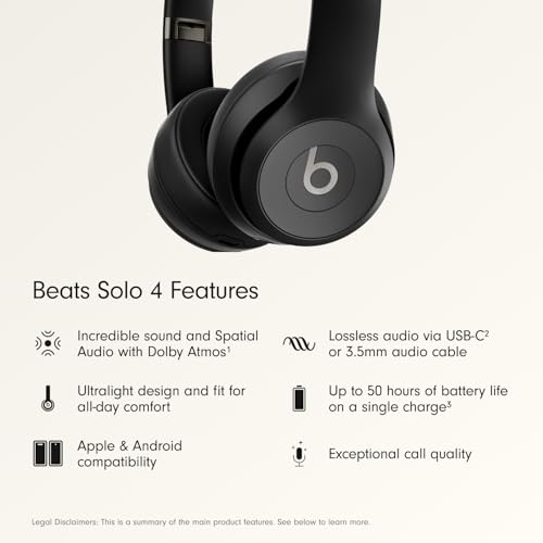 Beats Solo 4 - Wireless On-Ear Bluetooth Headphones, Up to 50-Hour Battery Life, Ultra-Lightweight Comfort, Powerful and Balanced Sound, Apple & Android Compatible - Matte Black