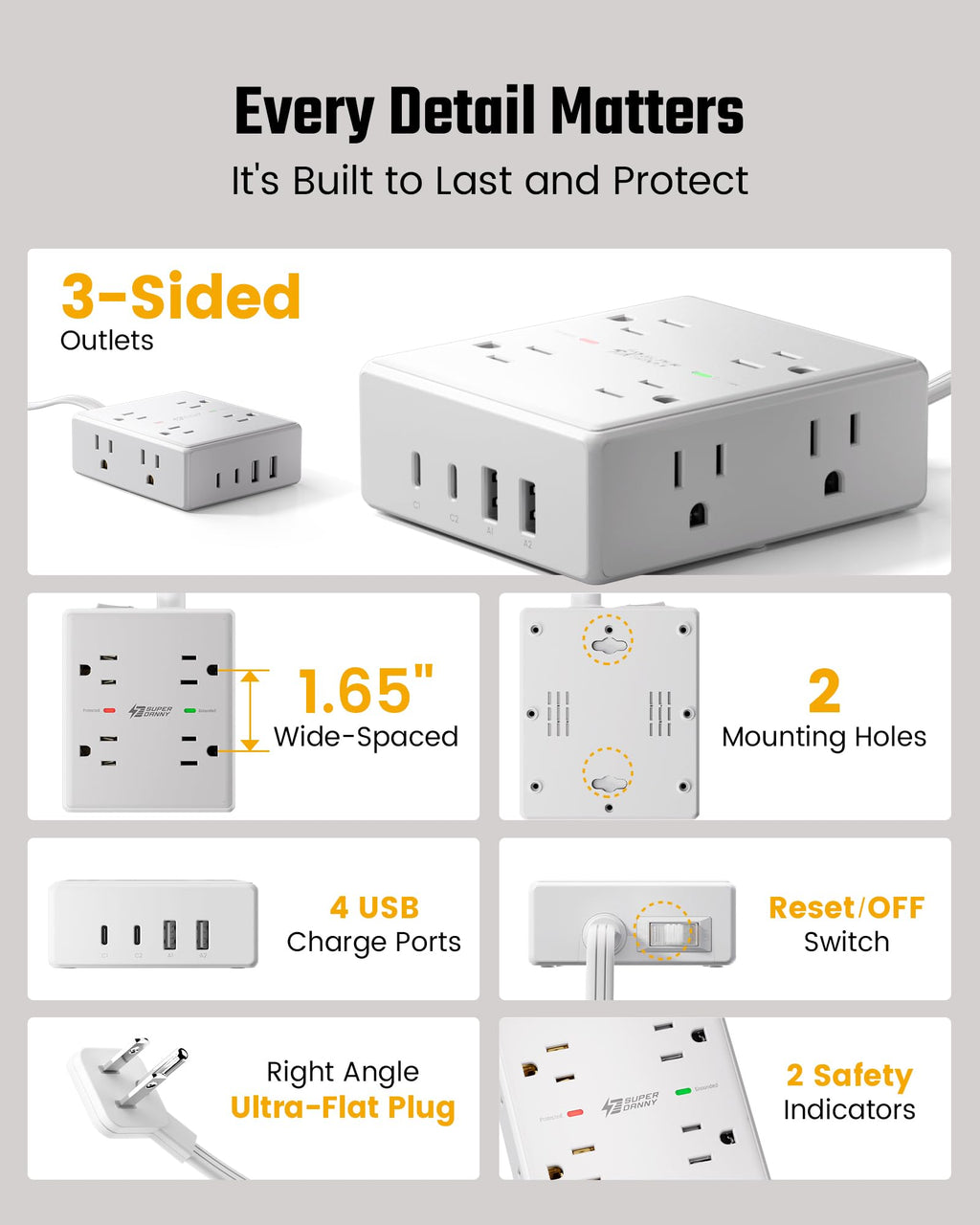 SUPERDANNY Extension Cord,Flat Plug Surge Protector Power Strip,10Ft | 8 AC & 4 USB Ports (2 USB C),Surge Protector with 1050J,Desk Charging Station for Home Office,College Dorm Room Essentials