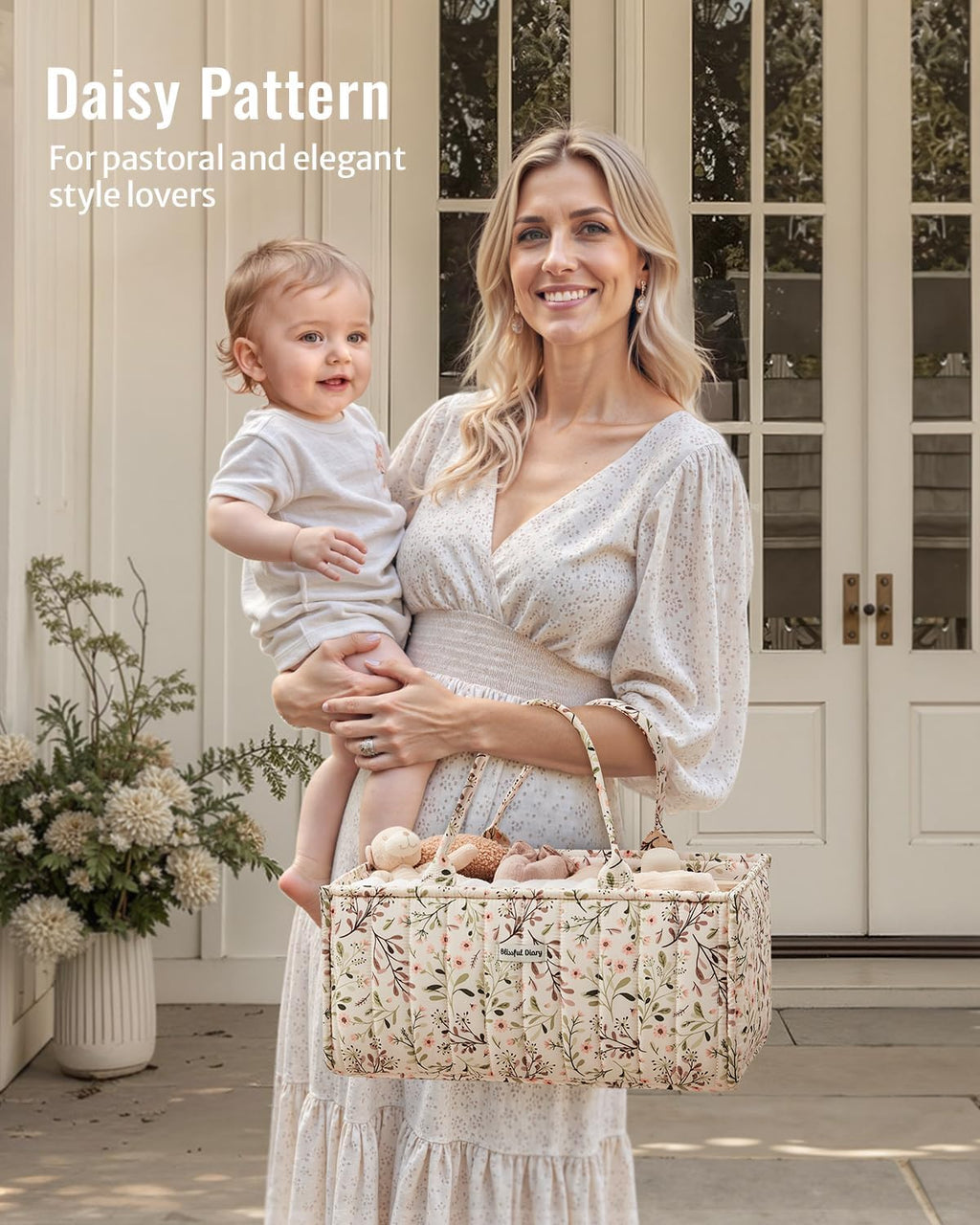 Blissful Diary Floral Diaper Caddy Organizer Storage Basket, Pastoral Daisy | Portable Storage Basket with Removable Dividers, Gift for Baby Shower, Newborn Boy & Girl Essentials, Baby Registry Must Have