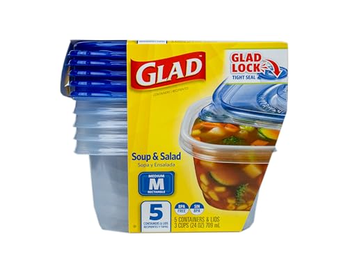 Glad GladWare Medium Rectangle Food Storage Containers, 24 Oz, 5 Count | Airtight, leak-resistant containers for soups, salads, and meal prep, microwave, dishwasher, and freezer safe