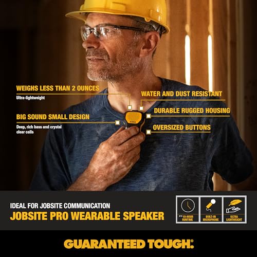 DEWALT Mini Wearable Bluetooth Speaker, Clip-On Jobsite Pro (Yellow) | Water-Resistant Portable Wireless Speaker (Non-Magnetic), Built-in Mic for Hands-Free Music/Calls, Bluetooth Speaker