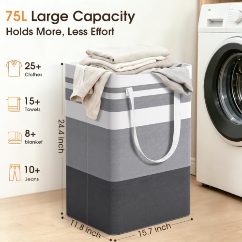 HomeHacks 2 Pack Large Laundry Baskets, Laundry Hampers Bags (Grey 75Lx2) | Waterproof, Freestanding, Collapsible Clothes Hamper with Reinforced Handles in Laundry Room, Dorm, Bathroom, Bedroom