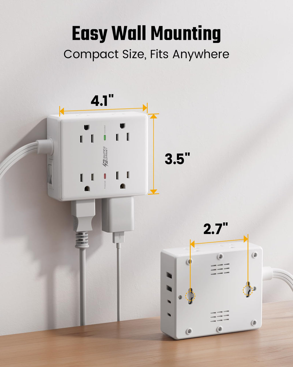 SUPERDANNY Extension Cord,Flat Plug Surge Protector Power Strip,10Ft | 8 AC & 4 USB Ports (2 USB C),Surge Protector with 1050J,Desk Charging Station for Home Office,College Dorm Room Essentials