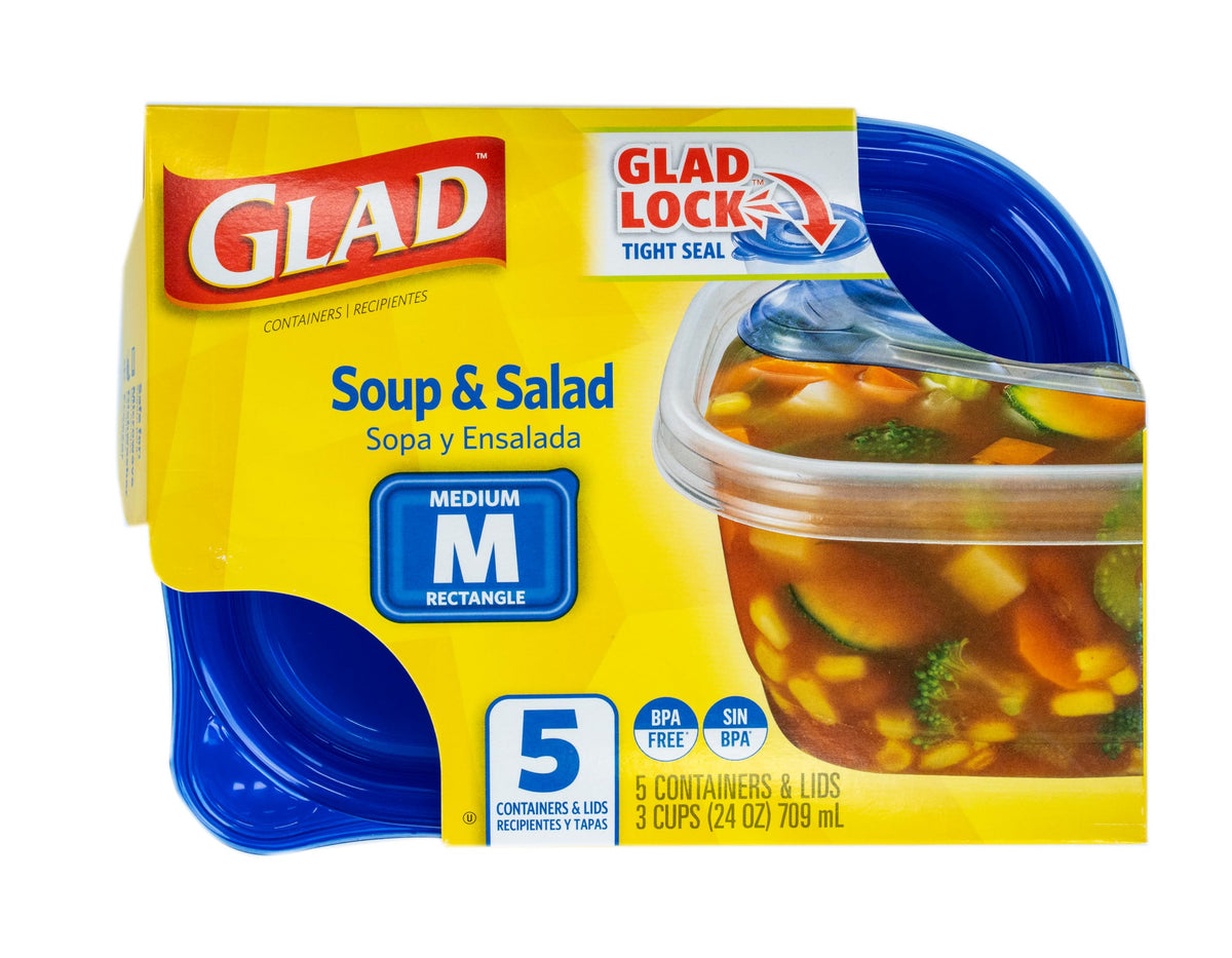 Glad GladWare Medium Rectangle Food Storage Containers, 24 Oz, 5 Count | Airtight, leak-resistant containers for soups, salads, and meal prep, microwave, dishwasher, and freezer safe