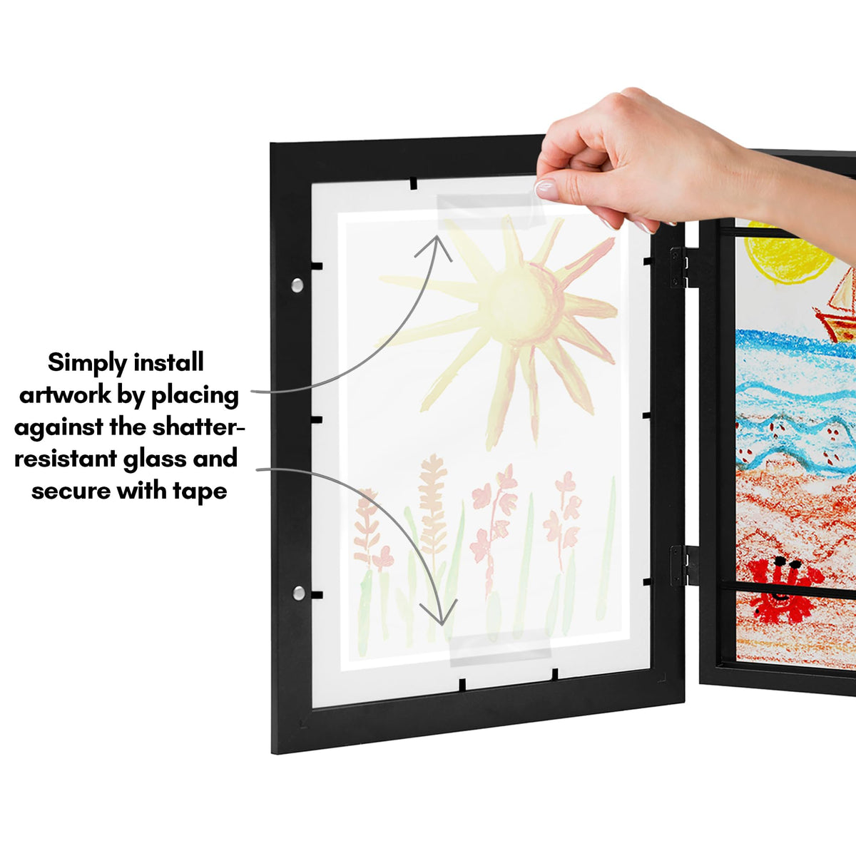 Americanflat 8.5x11 Changeable Kids Art Frame 2-Pack - Black | Holds 100 art pieces, magnetic front door, built-in keyholes for wall display, stores finished artwork
