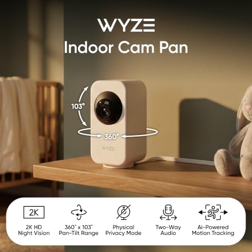 WYZE Indoor Cam Pan, 2K Pan-Tilt Security Camera for Baby/Pet Monitoring | AI Motion Tracking, IR Night Vision, 2-Way Audio, Physical Privacy Mode, Works with Alexa and Google Assistant