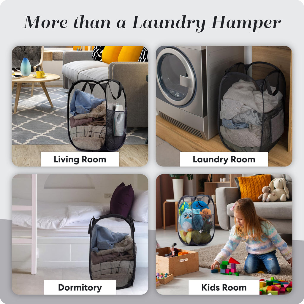 Handy Laundry Mesh Pop-Up Hamper Collapsible with Side Pocket 2-Pack | Breathable foldable design saves space; wide opening makes loading easy. Sturdy build stores clothes neatly. Black.