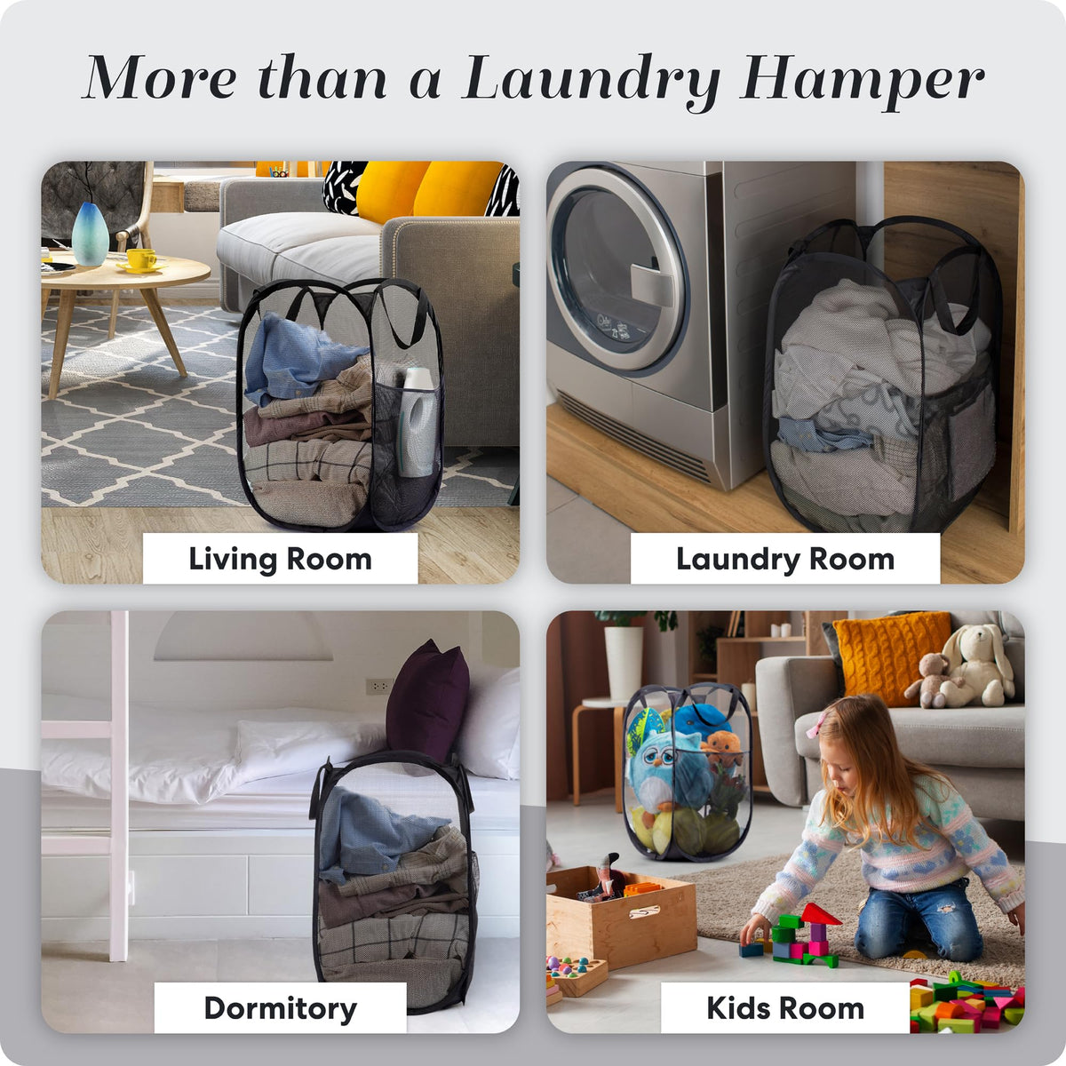 Handy Laundry Mesh Pop-Up Hamper Collapsible with Side Pocket 2-Pack | Breathable foldable design saves space; wide opening makes loading easy. Sturdy build stores clothes neatly. Black.