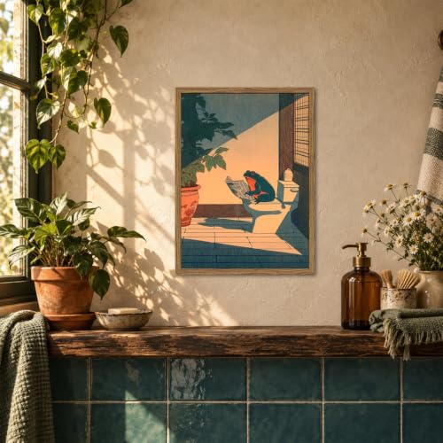 Funny Frog Bathroom Wall Art, Cute Japanese Frog in Toilet Wall Decor, Whimsical Green Animal Restroom Poster Canvas Painting Prints Artwork 12x16 inch Framed