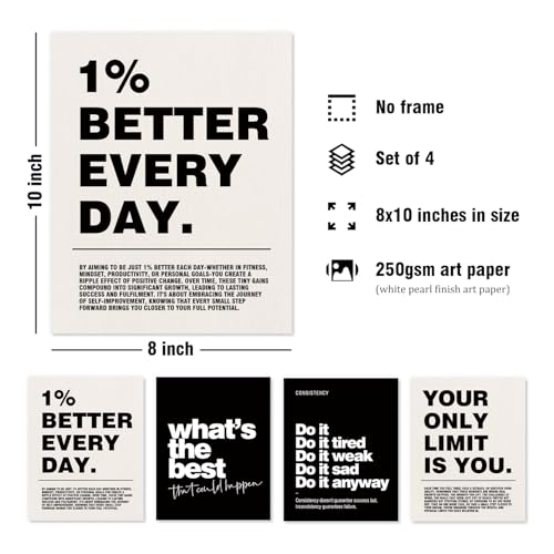 DSHFG Motivational Inspirational Office Wall Art Decor Prints Set of 4 | Black Office Motivational Wall Decor Trendy Retro Positive Affirmations Quotes Wall Decor Gym Posters, 8x10 Unframed