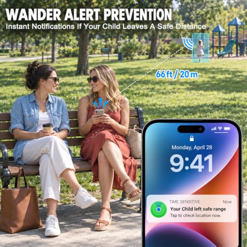 GPS Tracker for Kids with Real-Time Location Tracking & Family Sharing, Apple & Android Compatible, No Monthly Fees & No SIM Card, Wristband & Keychain Included, IP68 Waterproof, Black