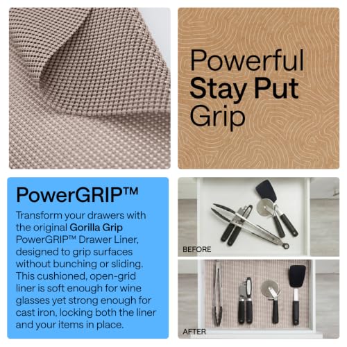 GORILLA GRIP powerGRIP Drawer Shelf and Cabinet Liner, 12"x10', Beige | Thick Strong Hold, Non-Adhesive, Protect Kitchen Cabinets and Cupboard, Bathroom Drawers, Easy Install Mat
