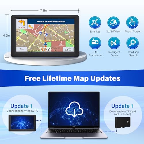 7" GPS Navigator for Car Truck RV, 2026 Maps, Touchscreen GPS for Car | 7" Car GPS with 2026 Maps Free Lifetime Updates, Speed Camera Alerts, Custom Truck Routing, Voice-Guided Turn Directions