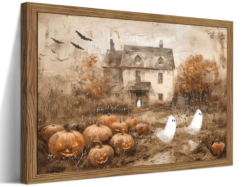 Framed Vintage Halloween Ghost Wall Art - Cute Ghost Pumpkin Canvas Print, Gothic Dark Academia Spooky Fall Wall Decor, Haunted House Artwork for Living Room Bedroom, 8x10 inch Wood Frame