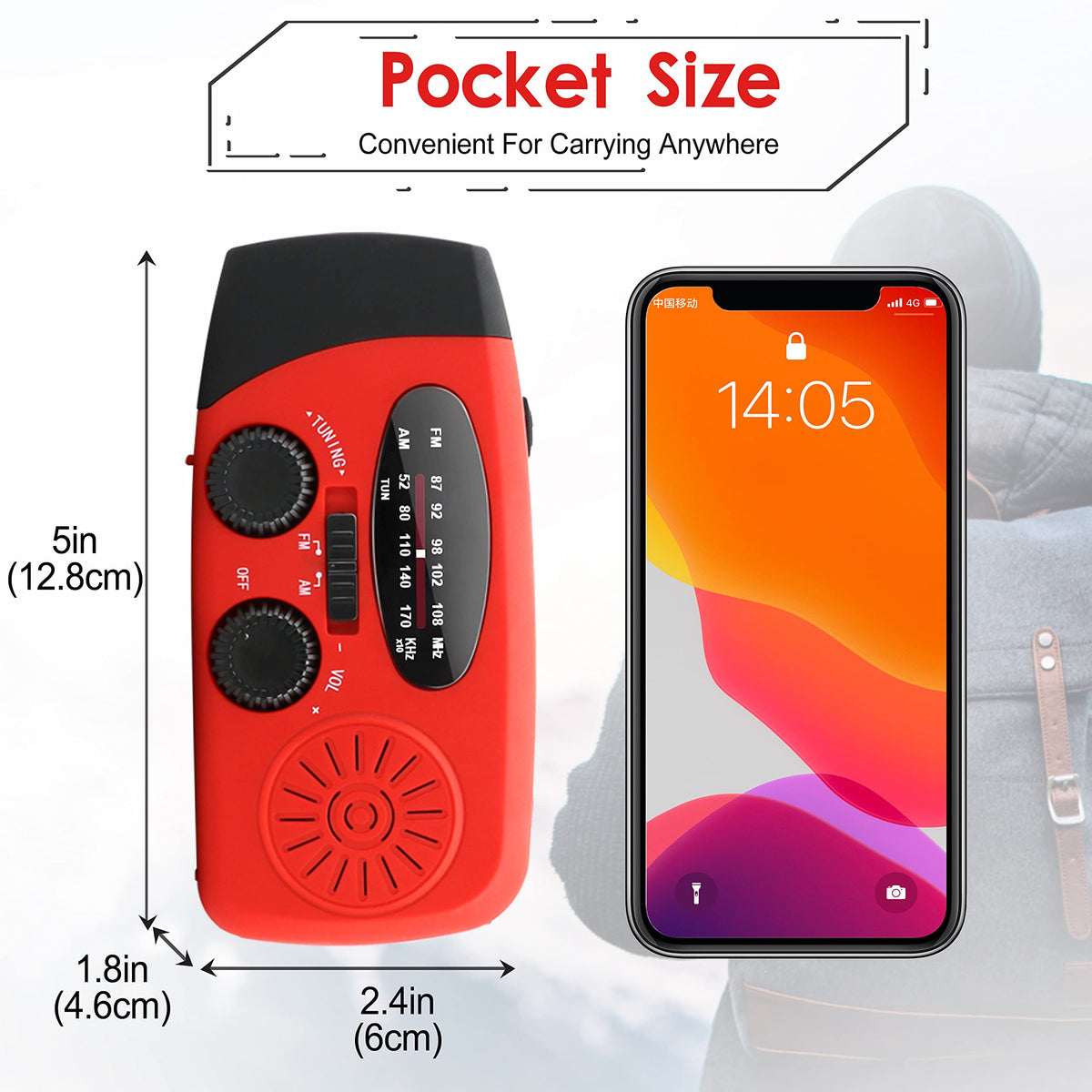 RunningSnail Hand Crank Radio with Flashlight, NOAA/AM/FM Emergency Radio | 2000mAh/7400mWh,Lightweight&Compact,Bright LED Flashlight,Cranked,Solar Power,USB-C,for Power Outage,Emergencies,Camping,Red