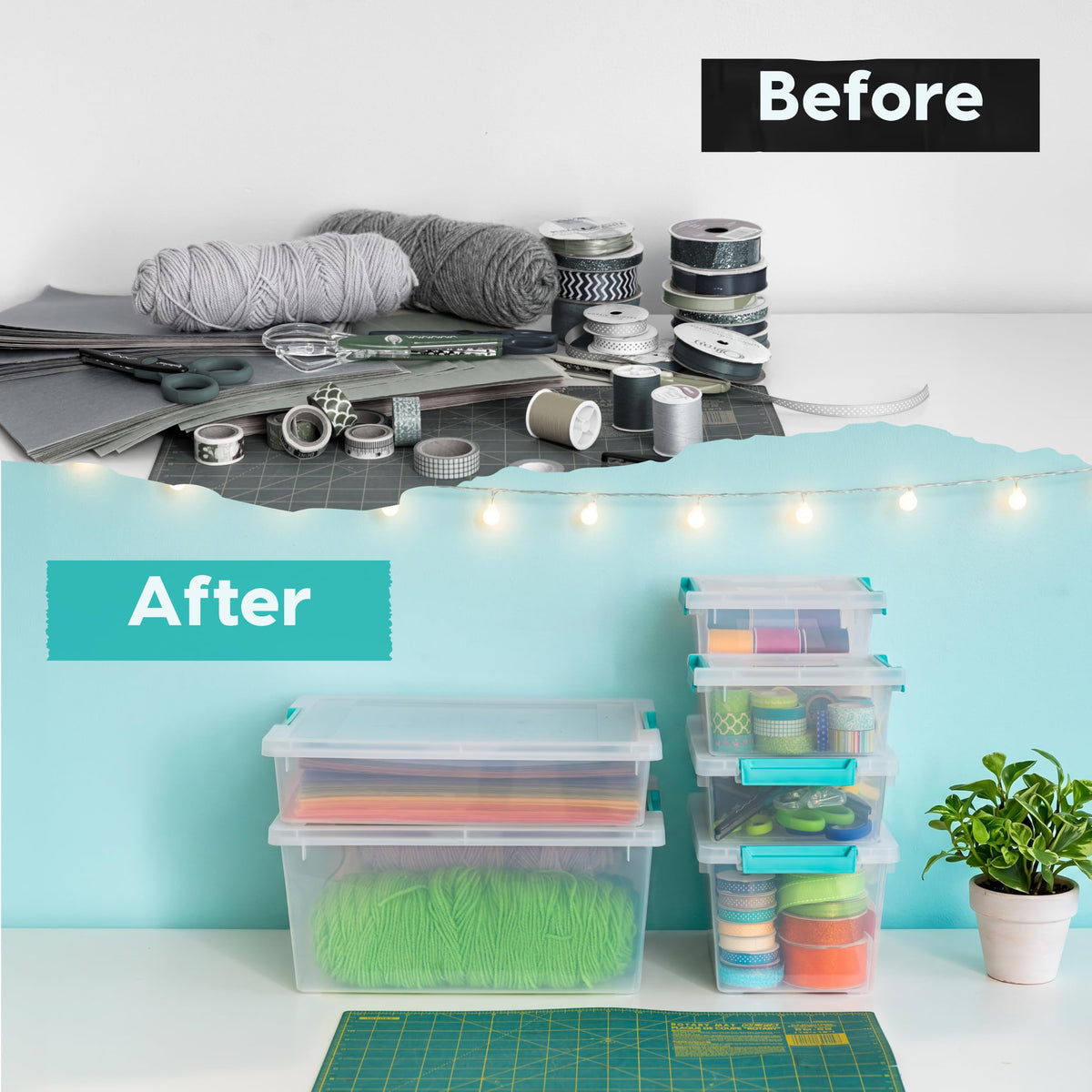 IRIS USA Storage Bins with Lids |Made in USA| 6 Qt - (4-Pack) - Clear | 14"L x 11"W x 3.25"H - Sensory Craft Organizers, Plastic Clip Box Totes, Containers for Paper, Office, Art & Study Supplies
