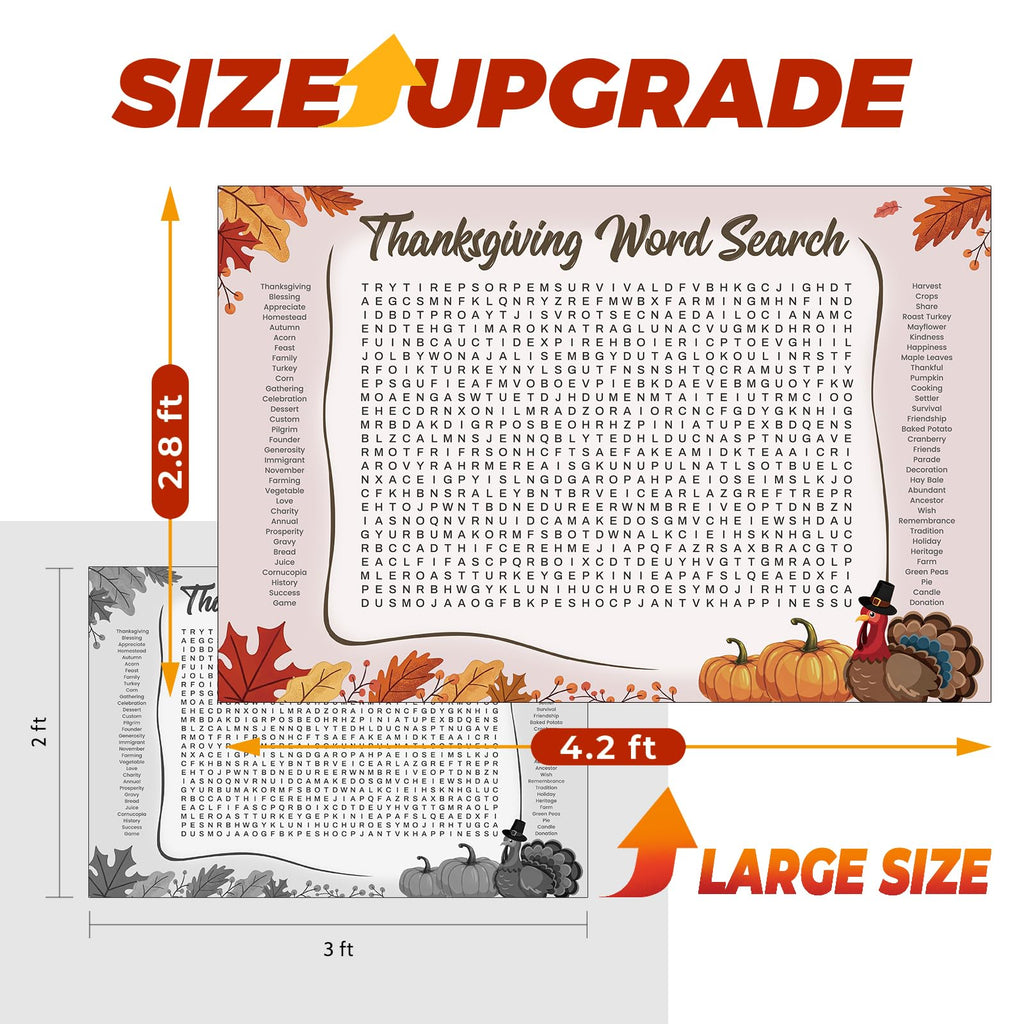WBCPATY Giant Thanksgiving Word Search Poster, 53" X 36" Jumbo Holiday Word Find Wall Poster, Wall Game with 64 Words for Family Holiday Party Activity