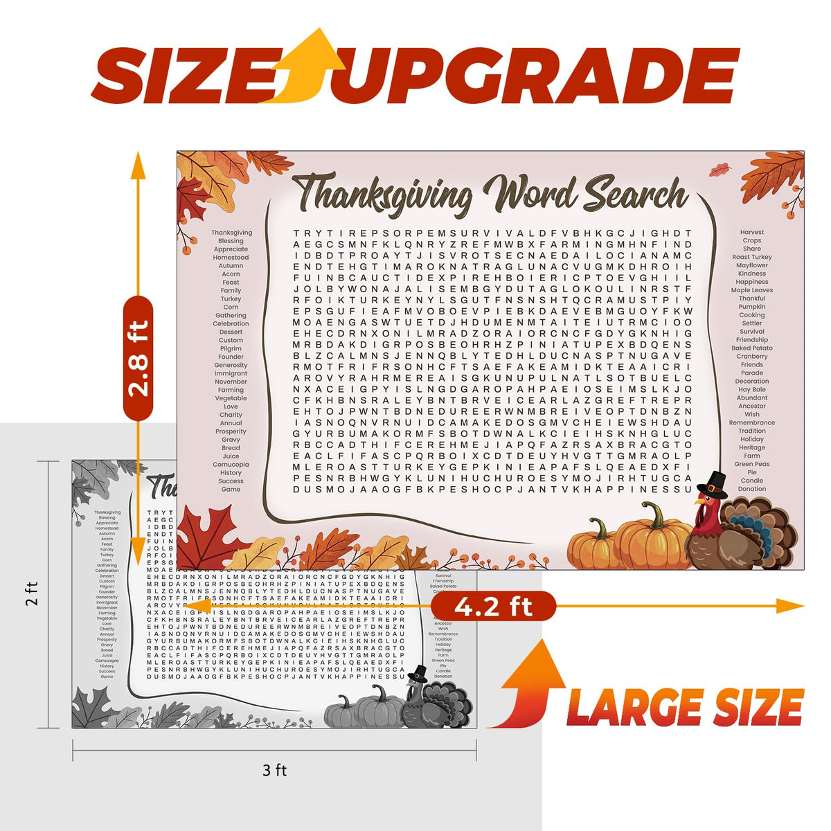 WBCPATY Giant Thanksgiving Word Search Poster, 53" X 36" Jumbo Holiday Word Find Wall Poster, Wall Game with 64 Words for Family Holiday Party Activity