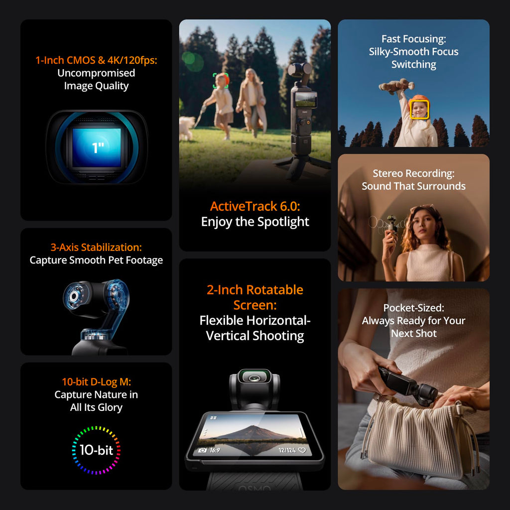 DJI Osmo Pocket 3 Creator Combo, Vlogging Camera with 1'' CMOS & 4K/120fps | 3-Axis Stabilization, Spotlight Follow, Fast Focusing, Mic Included for Clear Sound, Small Camera for Photography