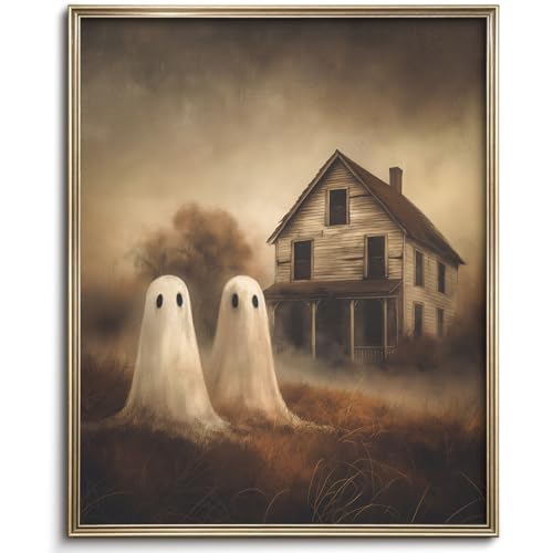 Vodefoad Retro Cute Ghost Decor Halloween Painting Spooky Silhouette Ghosts Haunted House Art Victorian Ghost Posters Pictures for Living Room, Bedroom, Bathroom, halloween Room decor - 8x10 Inch Unframed