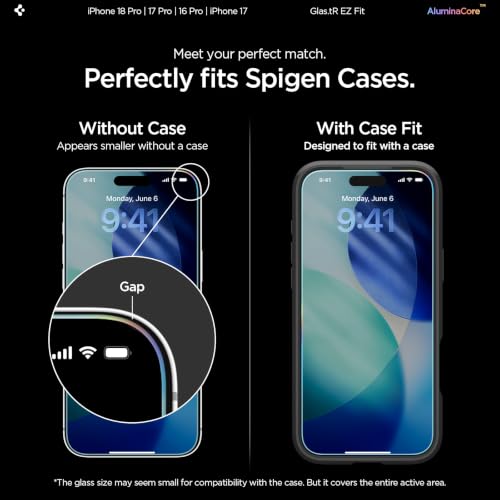 Spigen GlasTR EZ FIT Screen Protector for iPhone 18 Pro, 17 Pro, 17, 16 Pro | AluminaCore Aluminum-enhanced 9H+ tempered glass, Auto-align tray, 100% clarity, Original touch, Case-friendly, 2Pack