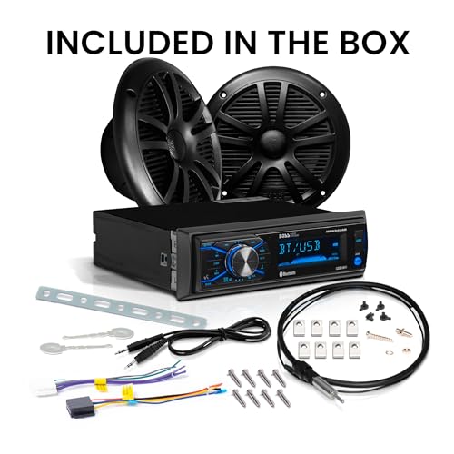 BOSS Audio Systems MCKG634B.6 Marine Boat Stereo, 6.5 Inch Speakers (Pair) | AM/FM radio receiver, USB and aux inputs, weatherproof design, dipole antenna, front and rear pre-amp outputs