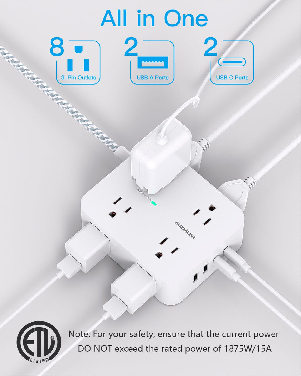 HANYCONY Surge Protector Power Strip, 1080J, 5 Ft Braided Extension Cord | 8 Outlets 4 USB Ports(2 USB C), Outlet Extender, Flat Plug, Wall Mount, Desk Charging Station, Home Office, Dorm Room ETL