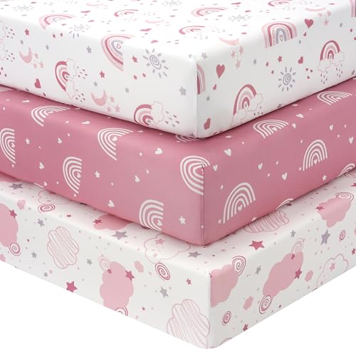 Baby Crib Sheets Girl, 3 Pack Toddler Bed Sheets Fitted 52”x28”