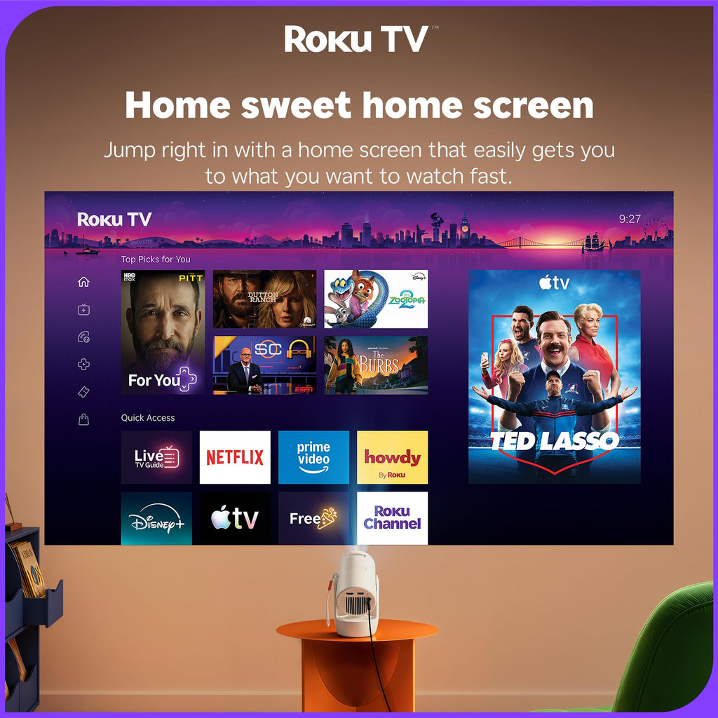 Aurzen Roku TV E1R Smart Portable Mini Projector with WiFi and Bluetooth | Roku TV Built-in, Upgraded Sound Base, 180° Rotation, Auto Vertical Keystone, Zoom, Portable for Home Movie/Bedroom/Outdoor