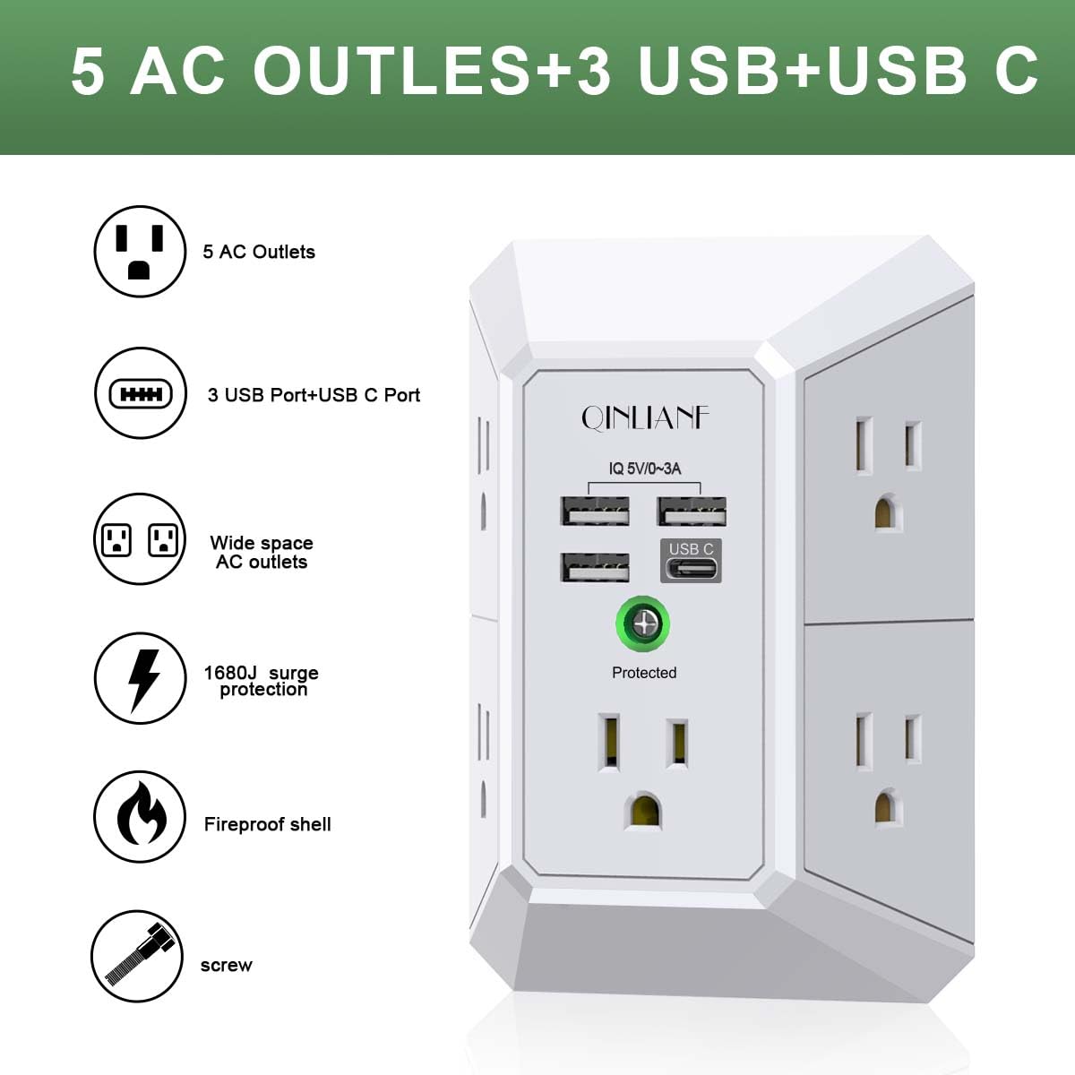 Wall Charger, Surge Protector, QINLIANF 5 Outlet Extender with 4 USB Ports | 1680 Joules, 3-Sided Power Strip, Multi Plug Wall Outlet Adapter Spaced for Home Travel Office, White