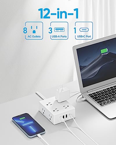 Olcorife Flat Plug Power Strip with 10 FT Extension Cord, 8 Outlets 4 USB Ports(1 USB C), 3 Sided Outlet Extender for Home Office Travel Dorm Room Essentials, White