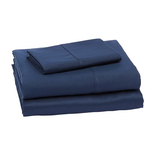 Amazon Basics Lightweight Super Soft Easy Care Wrinkle Free Microfiber 3 Piece Bed Sheet Set with 14-Inch Deep Pockets, Twin, Navy Blue, Solid, Kids, Men & Women Bedding