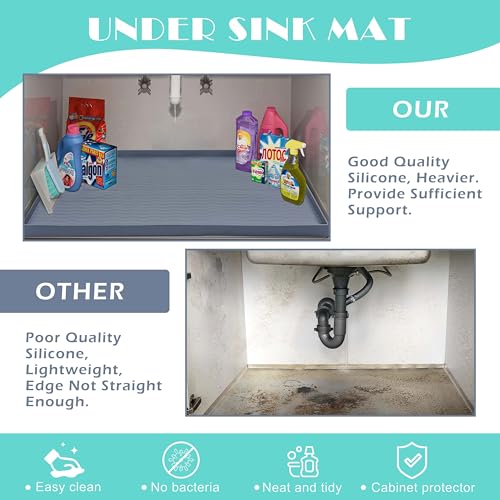 URMONA Waterproof Silicone Under Sink Mat, 31 x 22 in, Flexible Shelf Liner | Dark Grey, Pet Food Mat for Dog Bowls, Cat Litter Mat, Cabinet and Counter Protector for Kitchen and Bathroom, Easy to Clean.