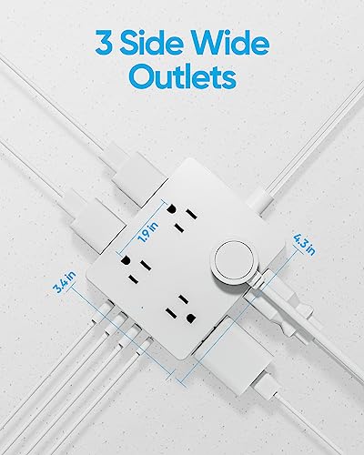 Olcorife Flat Plug Power Strip with 10 FT Extension Cord, 8 Outlets 4 USB Ports(1 USB C), 3 Sided Outlet Extender for Home Office Travel Dorm Room Essentials, White