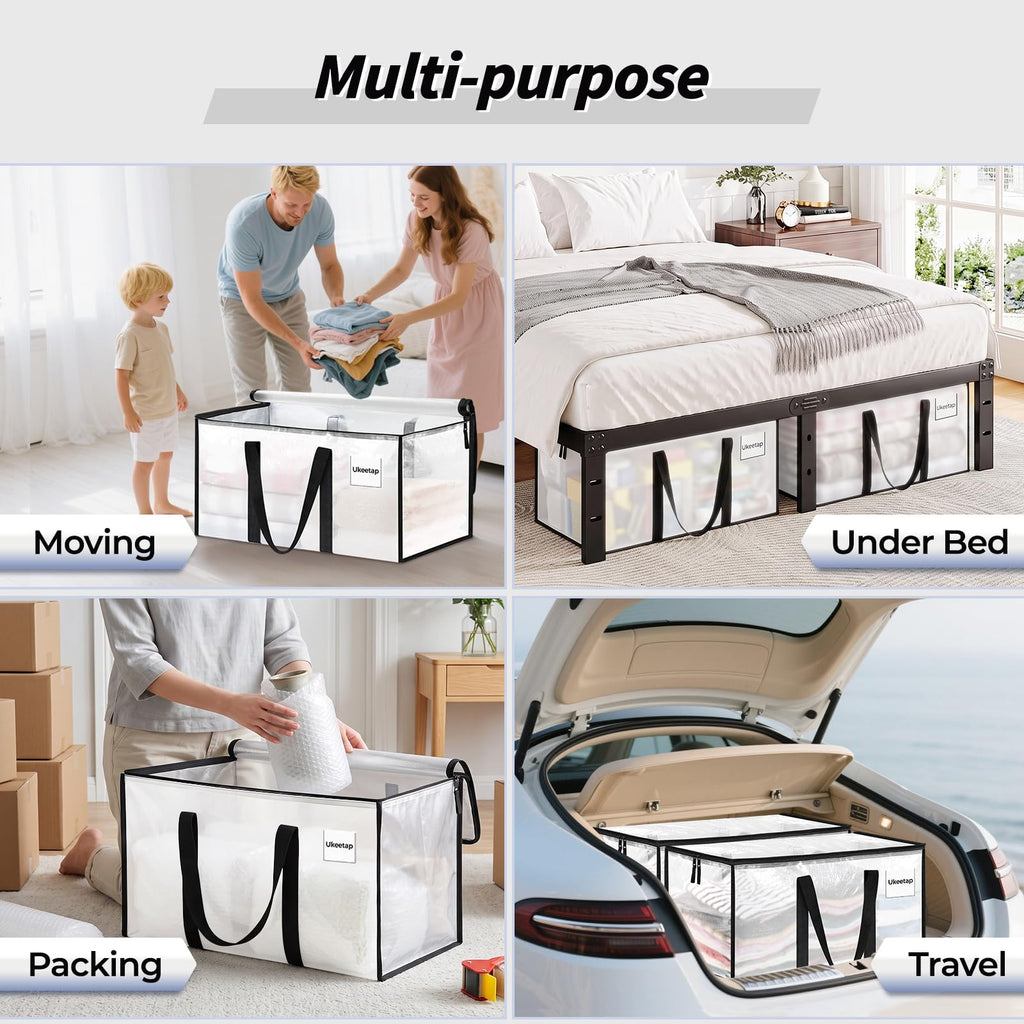 ukeetap 8 Pack Extra Large Clothes Storage Bins with Lids, Clear | Storage Bags with Reinforced Handles & Heavy-Duty Zippers, Moving Bags Boxes Totes for Clothes Packing, Dorms, College