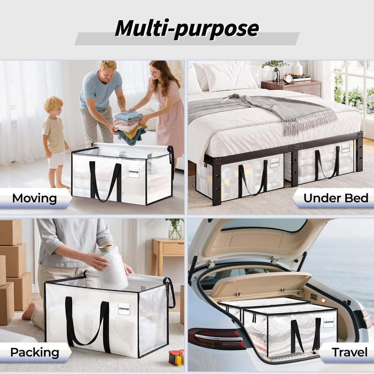 ukeetap 8 Pack Extra Large Clothes Storage Bins with Lids, Clear | Storage Bags with Reinforced Handles & Heavy-Duty Zippers, Moving Bags Boxes Totes for Clothes Packing, Dorms, College