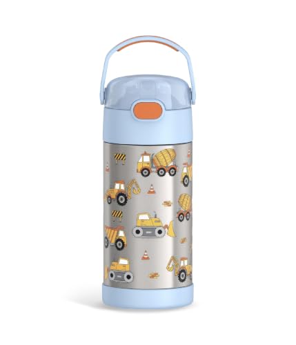 THERMOS FUNTAINER Water Bottle with Straw, 12oz, Construction | Kids Stainless Steel Insulated Water Bottle, Keeps Drinks Cold Longer for School & Play, BPA-Free