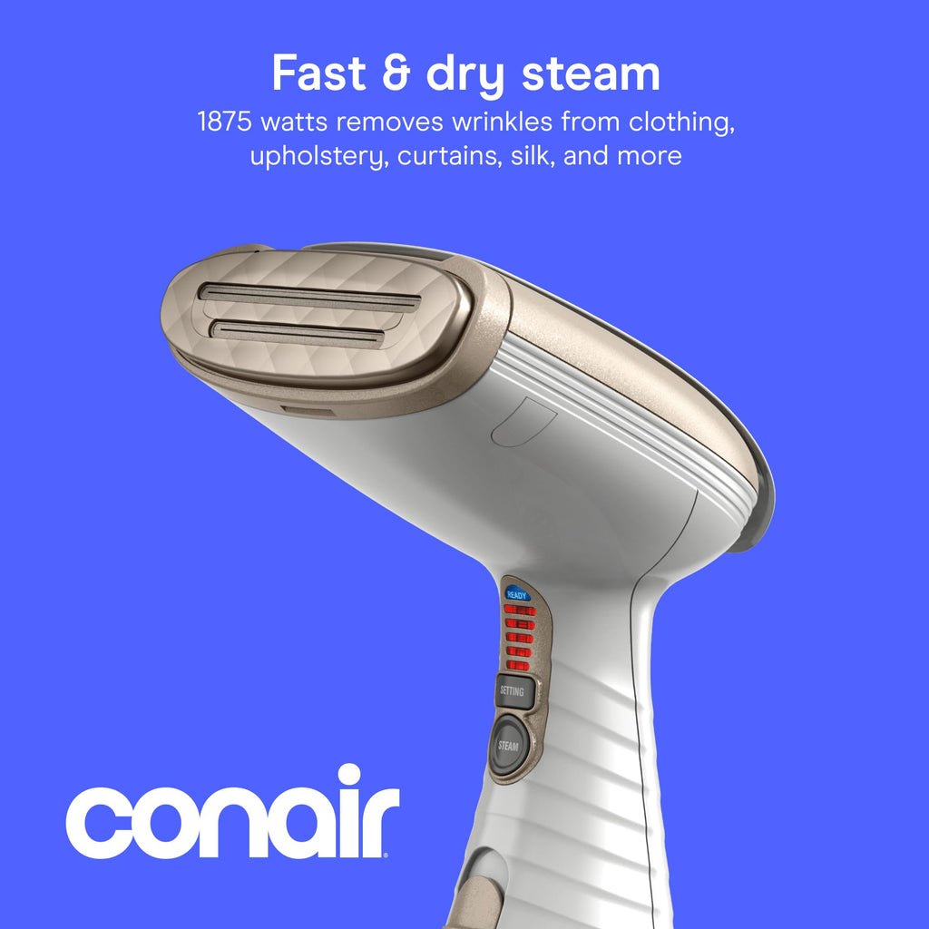 Conair Steamer for Clothes & Upholstery, Handheld, 3 Attachments, White | Powerful 1875W clothes steamer with 7.3 oz. water tank and 5 steam settings heats up in 40 seconds and runs for 20 minutes