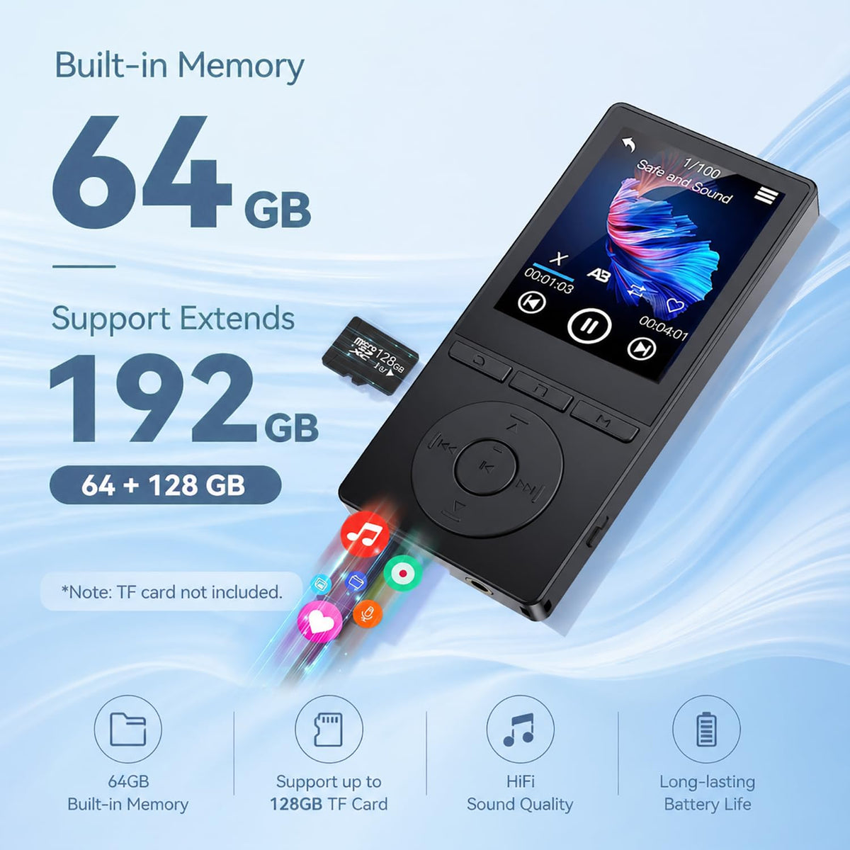 64GB MP3 Player with Bluetooth 5.3, Music Player with HiFi Sound for Sports Runners, 2.4" Screen MP3 Player Built in HD Speaker Voice Recorder FM Radio E-Book, Expanded Up to 128GB, Earphone Included