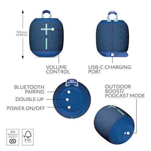 Ultimate Ears WONDERBOOM 4 Portable Waterproof Speaker - Blue | Balanced 360-Degree Sound and Bass, Dustproof, Floating, 131ft (40m) Range