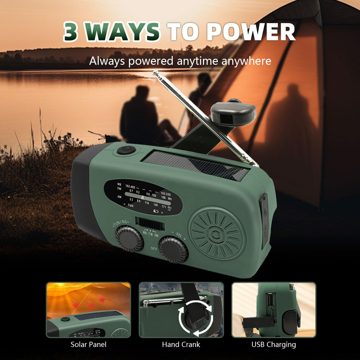 WVL 7400mWh Emergency Weather Radio, Portable Solar Hand Crank Radio AM/FM/NOAA, with 3 Mode Flashlight & Reading Lamp, Cell Phone Charger and SOS Siren(Navy Green)