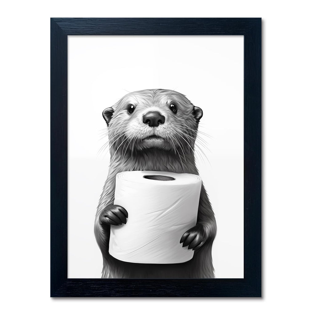 Bathroom Picture Wall Decor, Framed Black and White Bathroom Wall Art, Toilet Paper in Little Funny Raccoon's Hand Animal Canvas Print Painting