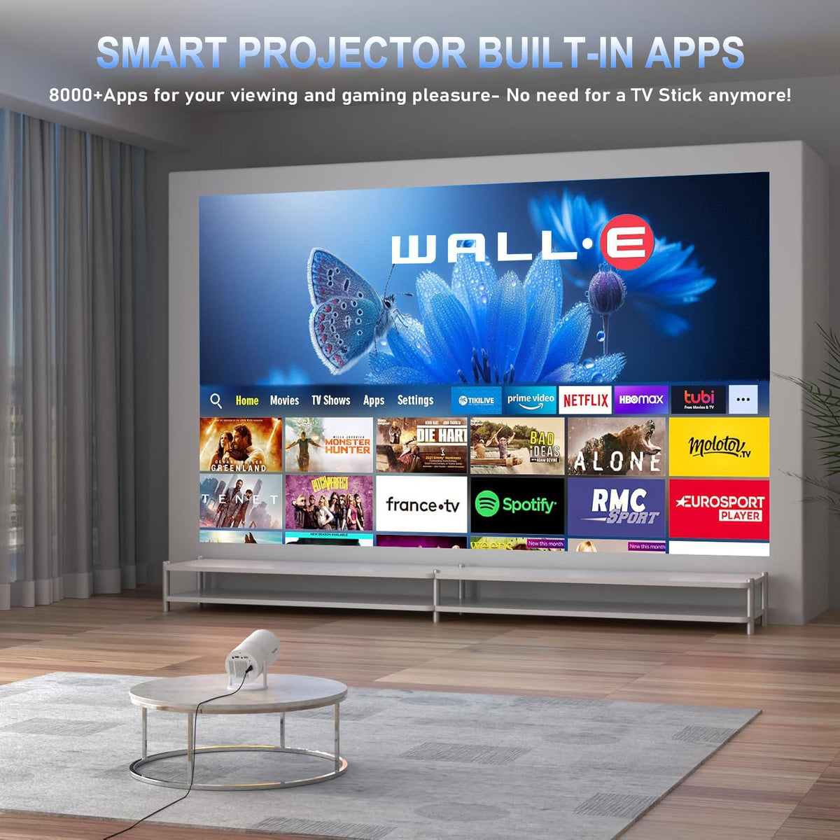 Mini Projector, Portable Smart Projector 4K WiFi 6 BT 5.4 [Built-in App] | Auto Keystone, Movie Projector Compatible With HDMI/USB/TV Stick/Smartphone/Laptop/PS5 Home Theater 180° Rotation White