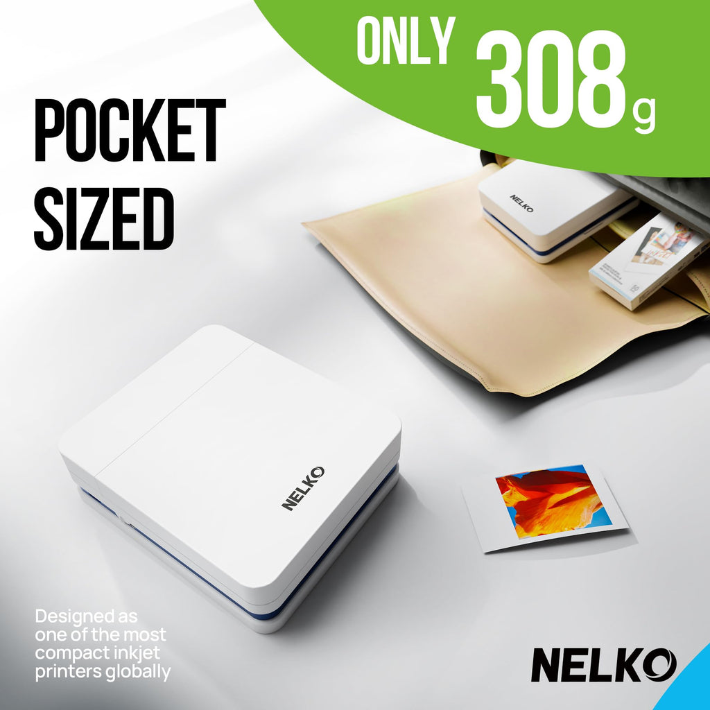 Nelko PP01 Photo Printer, 2x3 Portable Photo Printer, Mini Printer, White | Instant Color Inkjet Printer for Smartphone, Sticky-Back Photos, Bluetooth Compatible with iOS & Android, AI App Editing