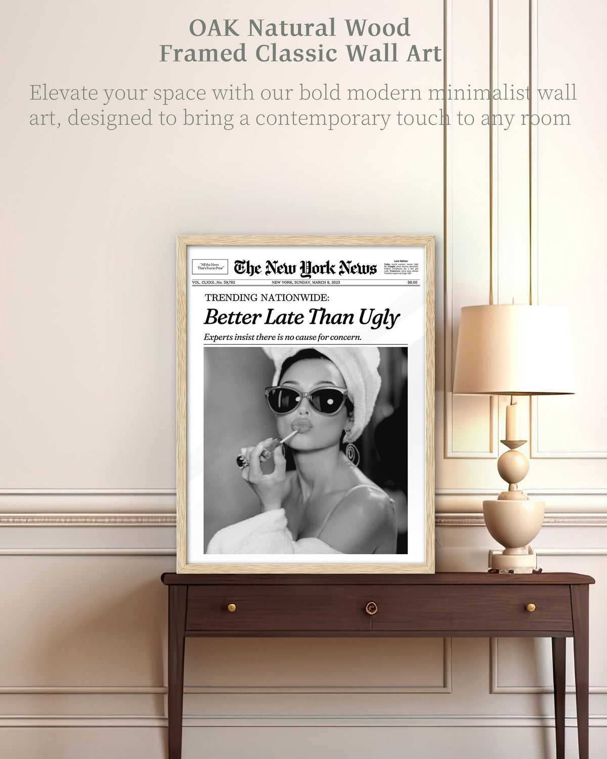 iHery 12x16in Audrey Hepburn Better Late Than Ugly Framed Bathroom Art | Natural OAK Wood Frame with Canvas Print, Vintage Fashion Wall Decor for Bathroom, Bedroom, Apartment and Girl Dorm, 1Pack