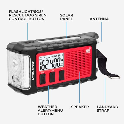 Midland - ER310PRO, Portable Emergency Bluetooth Weather AM/FM Radio | 10,000 mAh Power Bank - Multiple Power Sources, SOS Flashlight, Ultrasonic Rescue Dog Siren, & NOAA Weather (Red/Black)