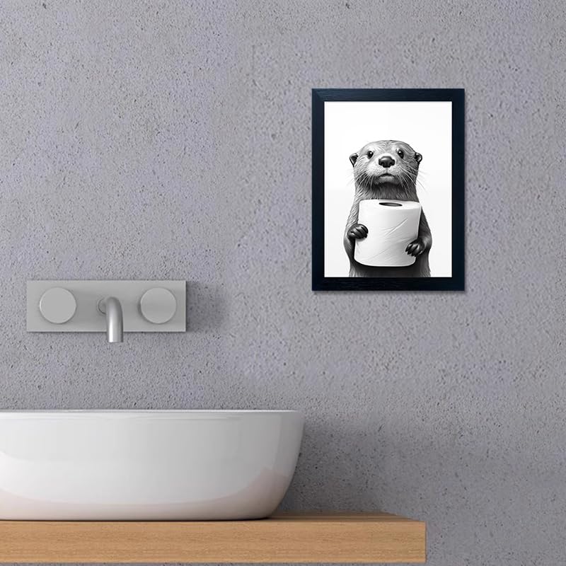 Bathroom Picture Wall Decor, Framed Black and White Bathroom Wall Art, Toilet Paper in Little Funny Raccoon's Hand Animal Canvas Print Painting