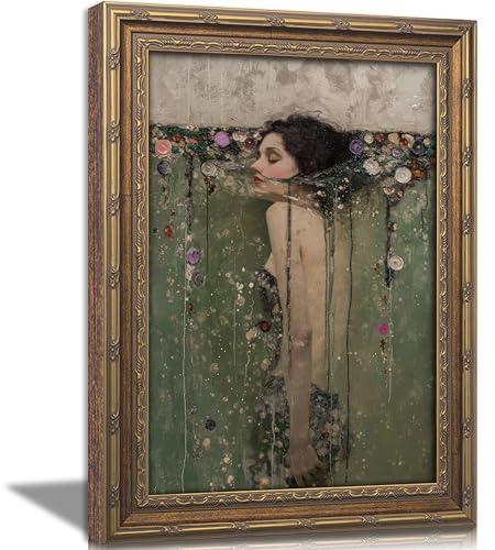 Vintage Gold Framed Ophelia Wall Art, Romantic Victorian Gothic Oil Painting Canvas Print, Dark Academia Wall Decor, Antique Woman Portrait Picture, Moody Floral Poster Artwork for Living Room Bedroom